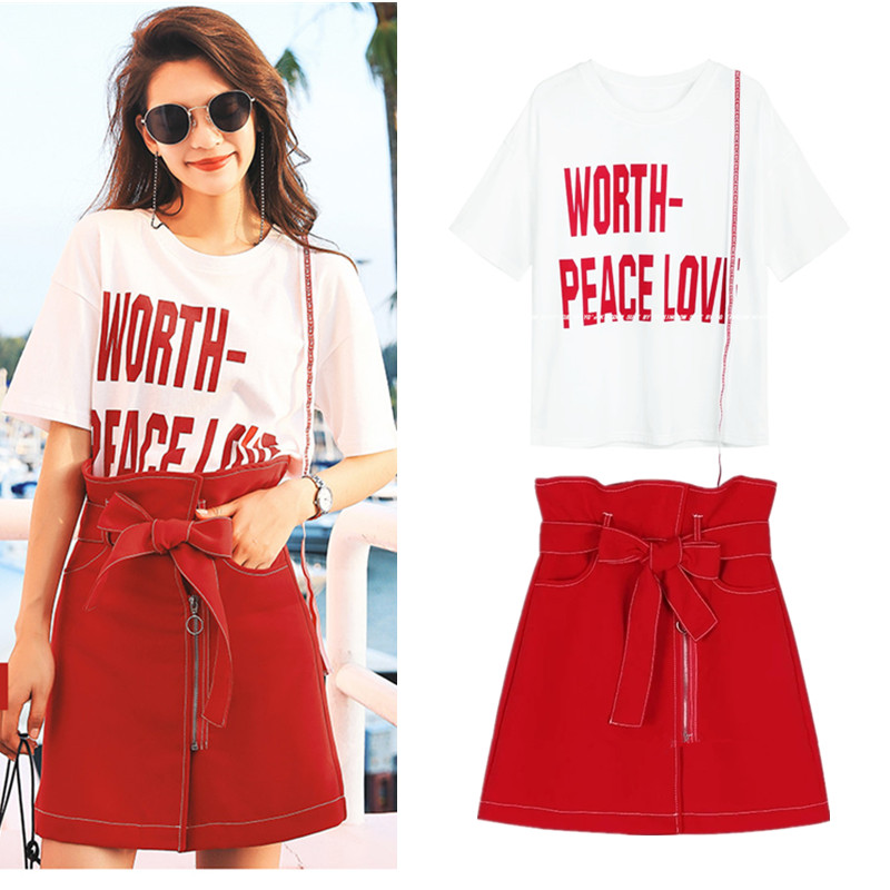 Røde kvinder damerbreve print forår sommer tøj bånd tees bluser toppe og buer nederdel jakkesæt ns1001 – Grandado