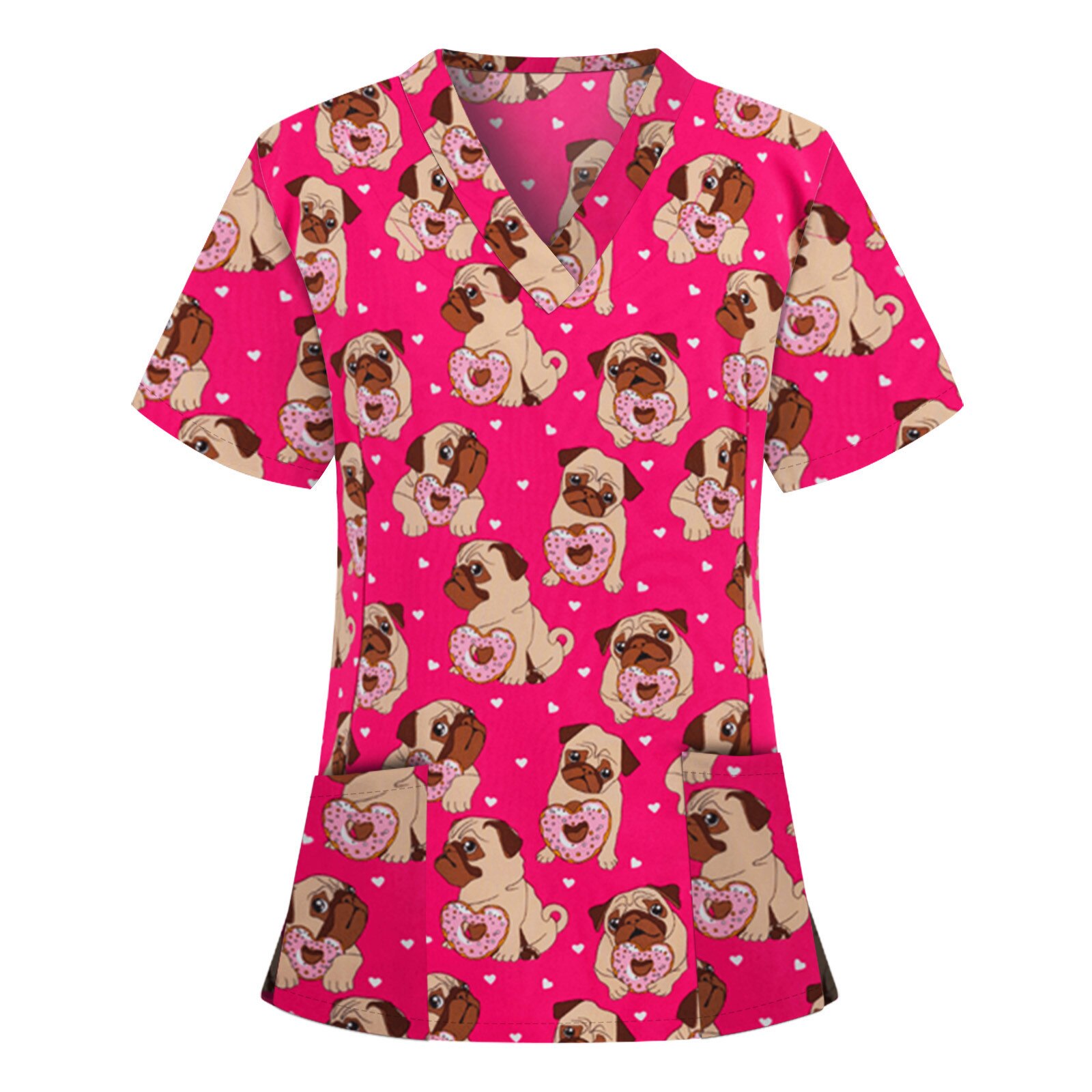 Uniform Nurse Women Top Summer Short Sleeve V-neck Floral Printed Working Uniform Nurse Blouse Scrubs Costume Accessories Female: Hot Pink / XL