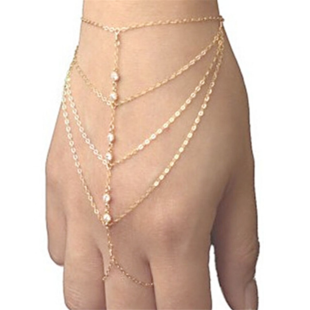 Goud Multi Layer Keten Kwastje vrouwen Armband met Vinger Ring Hand Harness Armband Sieraden Voor Vrouwen