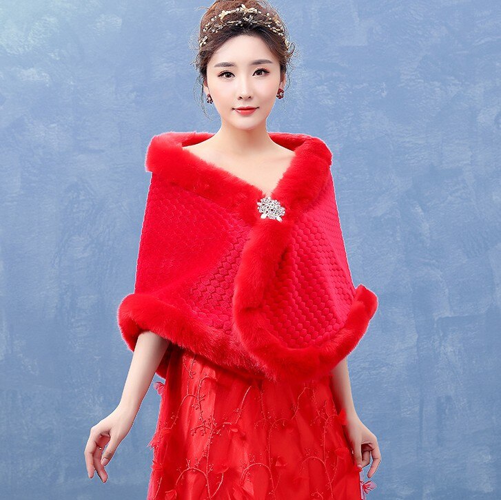 Formell rød kvinner cheongsam wrap pels faux bryllup vinter bolero jente kvinne jakker bryllup brude kapper brosje wrap: Default Title