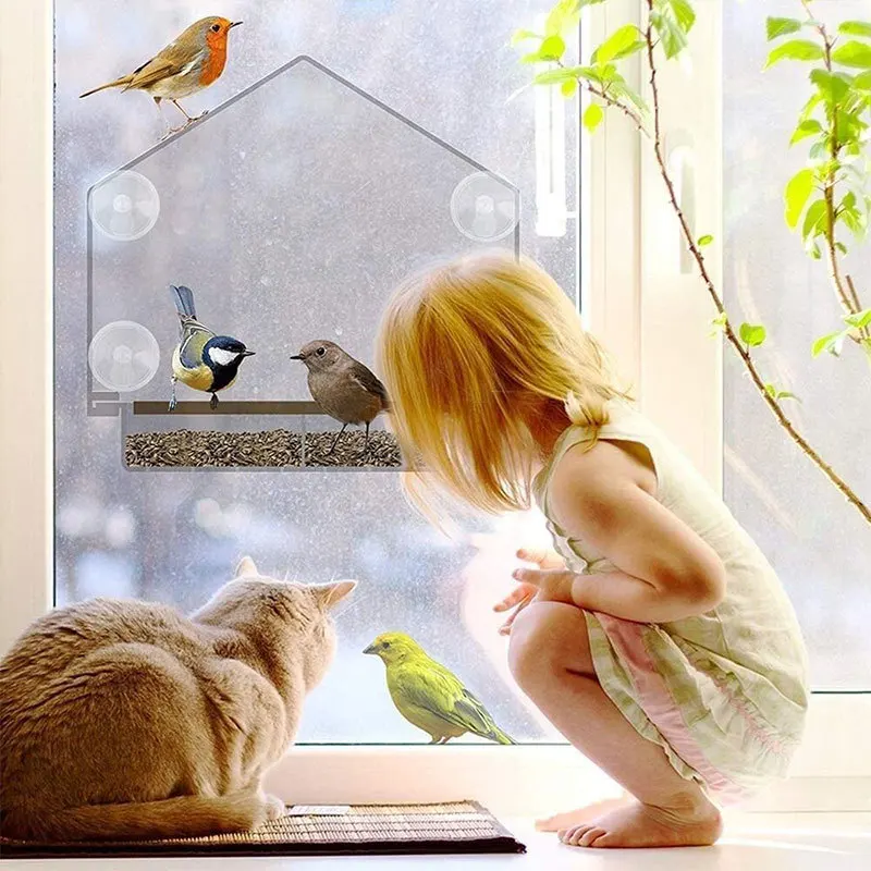 Comedero para pájaros, ventana transparente acrílica, bandeja para comedero de pájaros, casa para pájaros, comedero para mascotas, instalación con ventosa, alimentador tipo casa