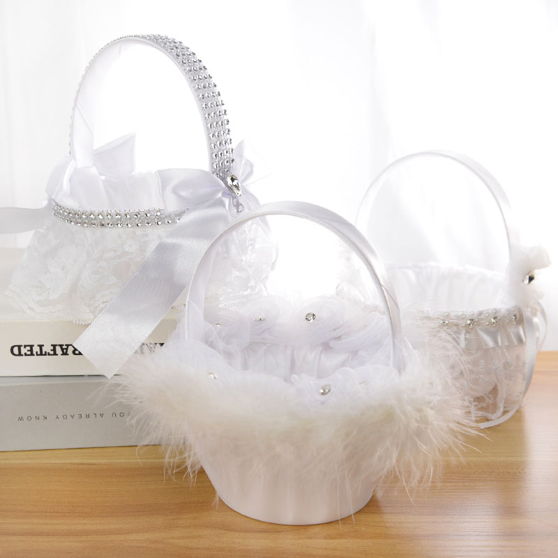 1pc White Wedding Flower Basket Lace Pearl Rhinestone Flower Petal Confetti Girls Basket For Wedding Engagement Party Decoration