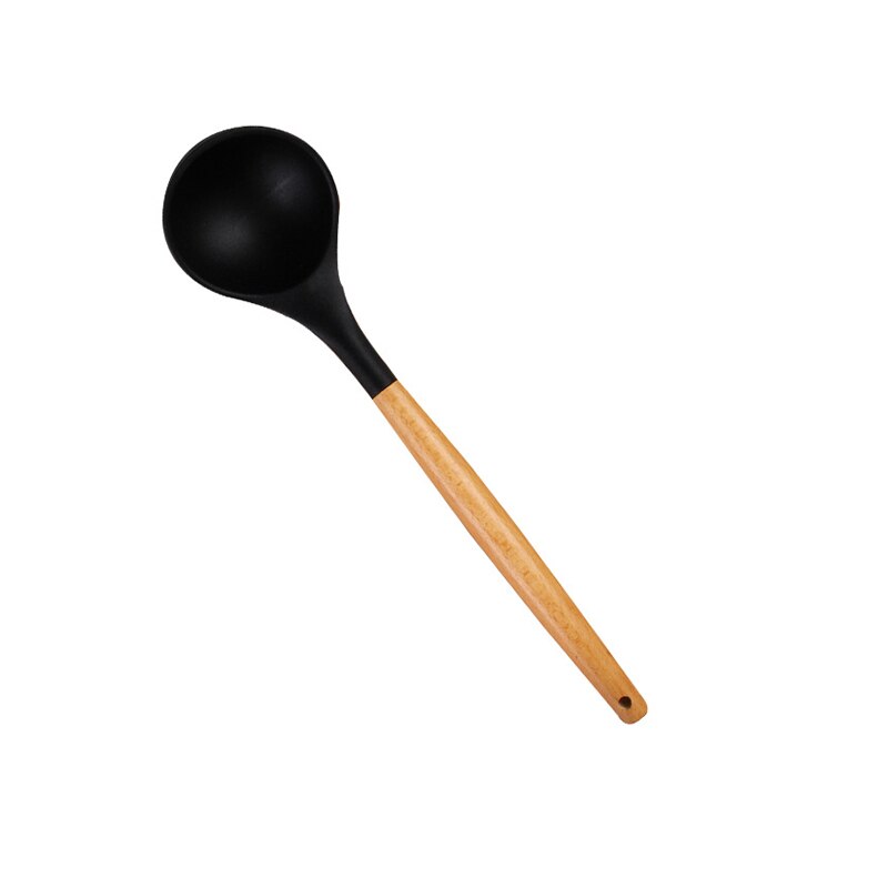 Cuchara de silicona antiadherente para el hogar, utensilios de cocina resistentes al calor con mango de madera, cucharas para sopa, arroz, leche, utensilios para hornear: black