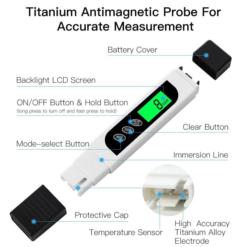 Medidor Digital TDS y medidor de PH, Probador de del Agua con botón de calibración automática, TDS PH EC temperatura 4 en 1 Conjunto, perfecto para Ho