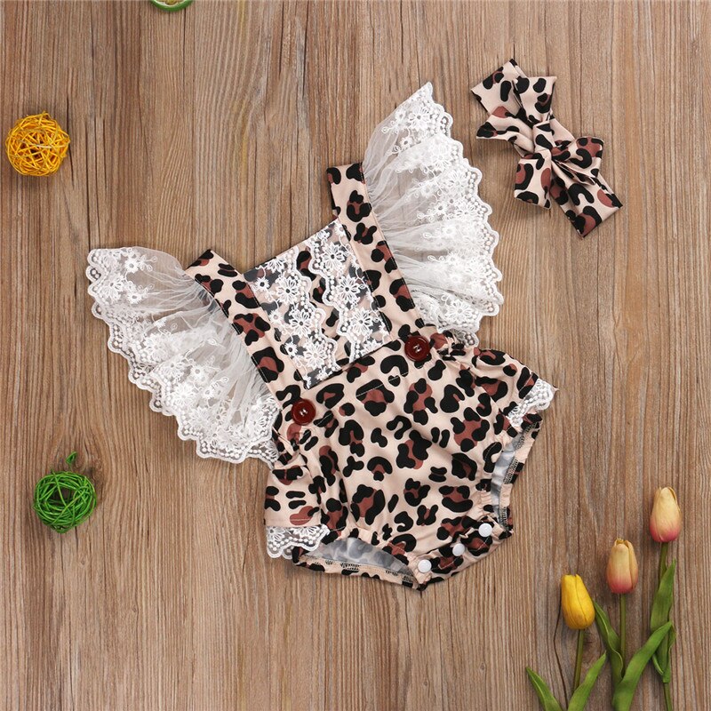 Baby Meisje Luipaard Jumpsuit Zomer Baby Kleding Kant Vliegende Mouw Luipaard Romper + Haarband Outfits