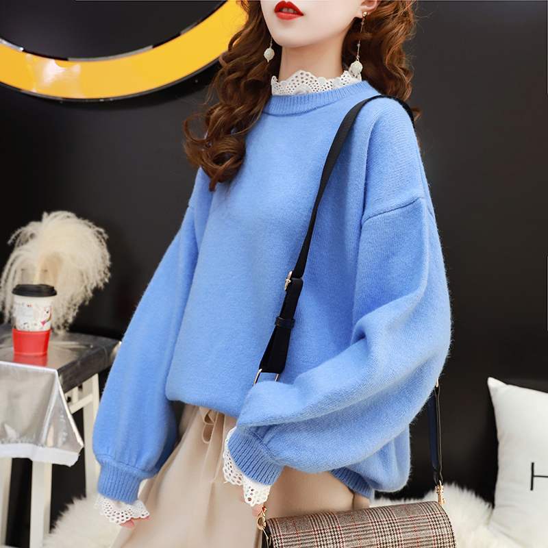 Lace Pullover Sweater Women 2022 Winter Spring Stitching Round Neck Loose Fit Warm Base Knitted Sweaters Sweet Female Flower