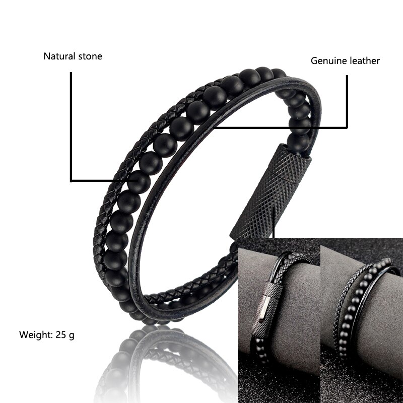 Pulseira de couro trançado para homens vintage, 4 tamanhos de tigre, pedra de amuleto, pulseira étnica rústica de aço inoxidável com contas: Frosted black stone / 20.5 centímetros