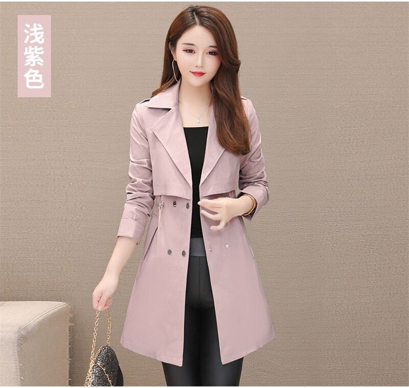Mid-length Women's Trench Coat Suit Collar Korean Long Sleeve Drawstring Windbreaker Female Outwear Pink H131: Pink / XXXL