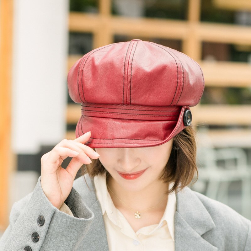 Caluriri Neue Winter PU Hut Leder Taste Achteckigen Hut Wilden Literarischen Britischen Retro PU Baskenmütze Hut PU Maler Hut