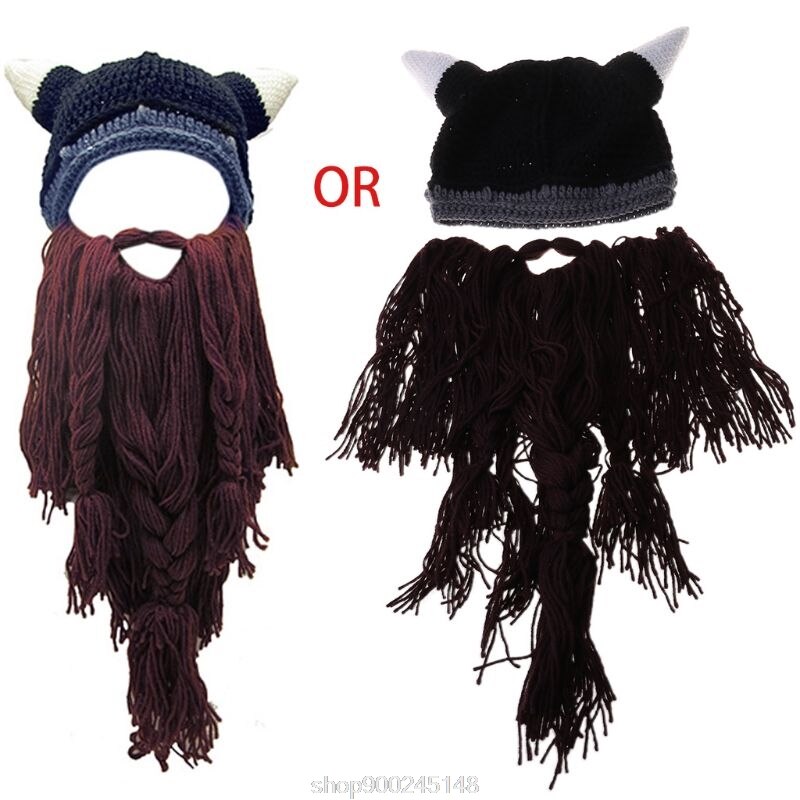 Vuxen cosplay stickad vikinga skägg horn hatt skidmask barbar vagabond vintage mössa vintervärmare  n12 20
