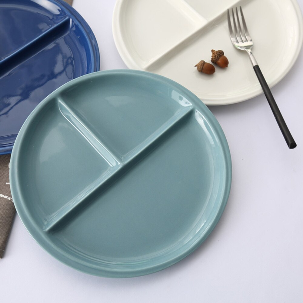 1PC Round Ceramic Plates Simple Three Compartments 10 Inches Porcelain Plate for Home Decor