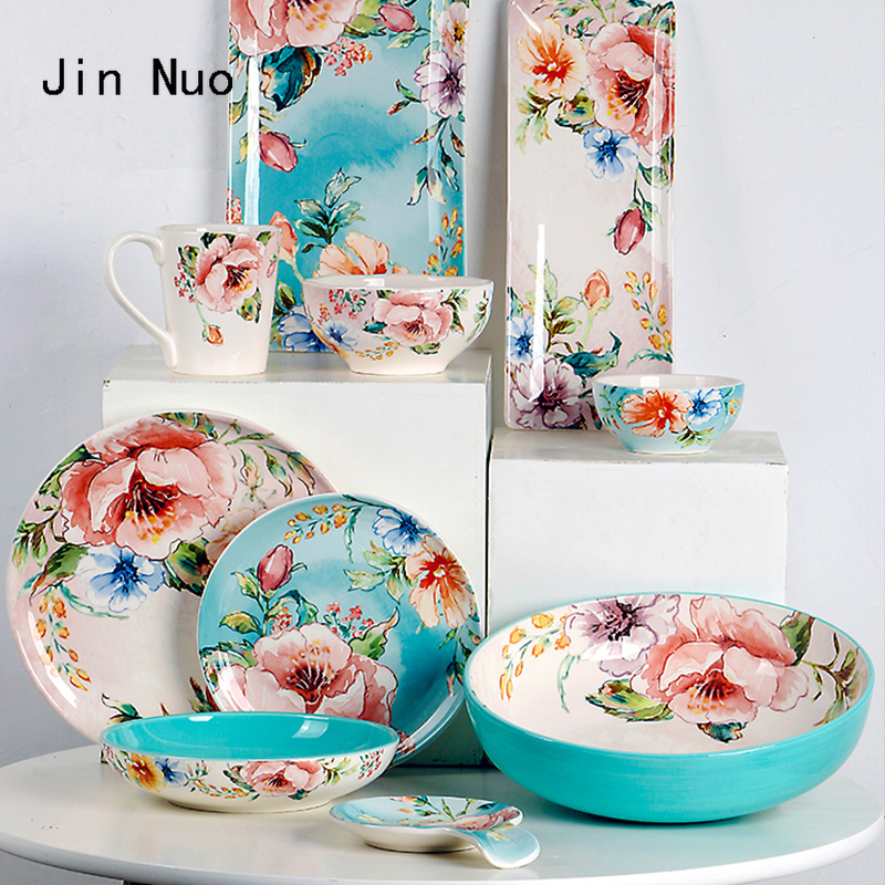 Underglaze Ceramic Plate French Home Rectangle Snack Tray Hand Painted Flower Decorate Dinner Plates Dining Table Decor