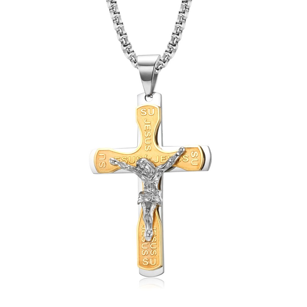 JESUS Multi-Layer Cross Pendant Necklaces Christian Stainless Steel Payer Necklace for Men Him Male Jewelry: Gold