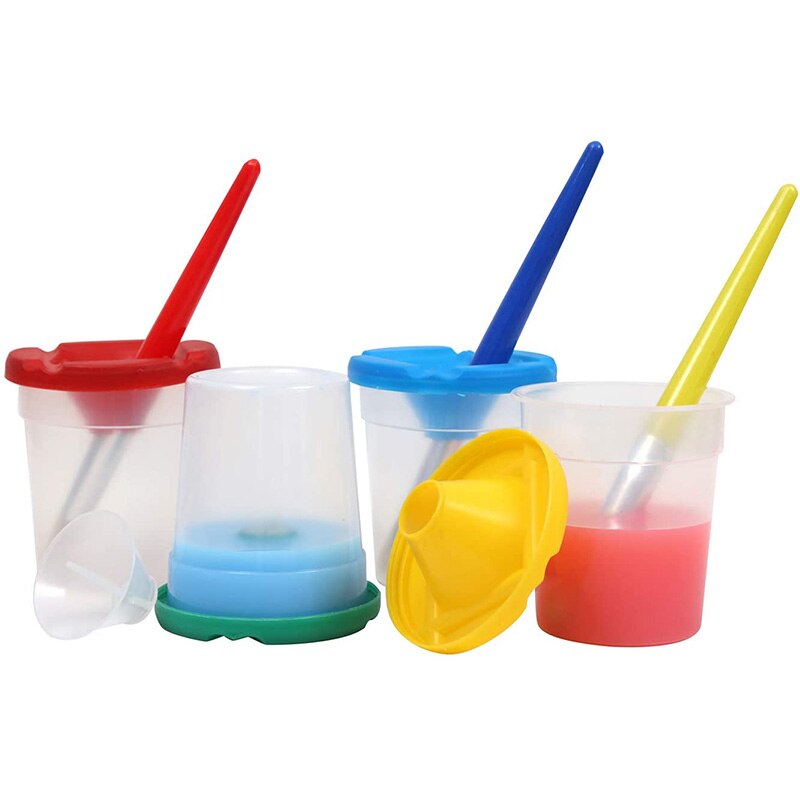 Lot de 12 pots de peinture anti-déversement pour enfants de 3.3 pouces de hauteur avec couvercles colorés et ensemble de 12 pinceaux ronds