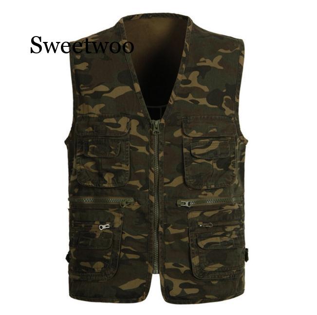 Multi bolsillo camuflaje chaleco hombres Casual algodón chaleco Cargo sin mangas chaqueta Camo chalecos cuello V ocio chaleco abrigos