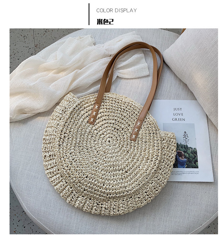 Rund strå strandtaske vintage håndlavet vævet skuldertaske raffia cirkel rattan tasker boheme sommerferie casual tasker: Beige