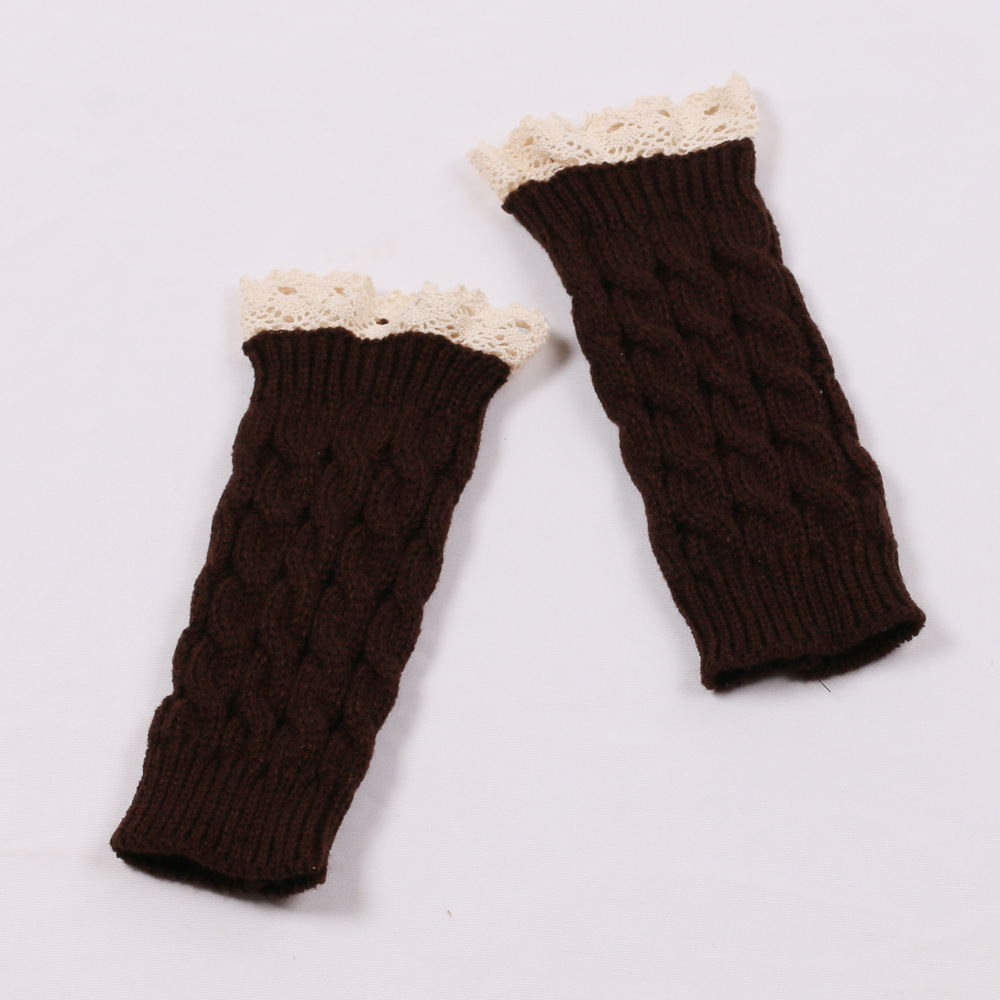Manchons en laine pour femmes, protège-poignets allongés en dentelle, couleur unie, tricot , gants chauffe-bras, demi-doigt, hiver: coffee