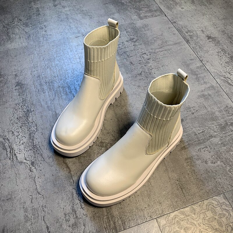 Grosses bottes femme dernière Slip-on tissé Patchwork PU haut bout rond noir Beige léger Chelsea bottes femmes chaussures: WHITE / 37