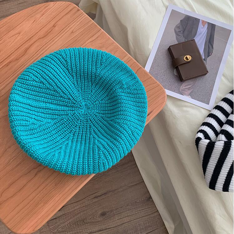 Autumn Winter Soft Knitted French Beret Women Female Solid Korean Knit Warm Berets Version Streetwear Painter Hat: Lake Blue