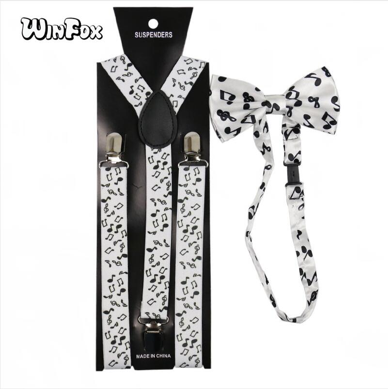 Winfox Vintage Zwart Wit 2.5 cm Brede Bretels Vlinderdas Set Vrouwen Mannen Music Note Bretels Bowtie Brace: 01