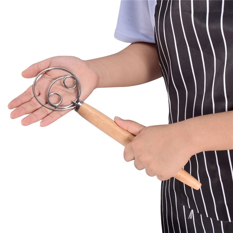33cm Coil Stirrer with Oak Handle Thick Stainless Steel Simple Sturdy Danish Dough Whisk Baking Kitchen Cake Pastry Tools