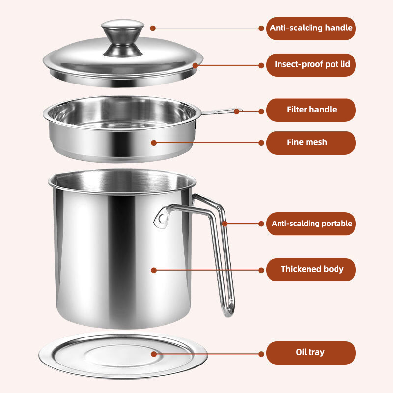 Colador de aceite de acero inoxidable, recipiente para olla, jarra, lata de almacenamiento con filtro, olla de aceite de cocina para utensilios domésticos de cocina