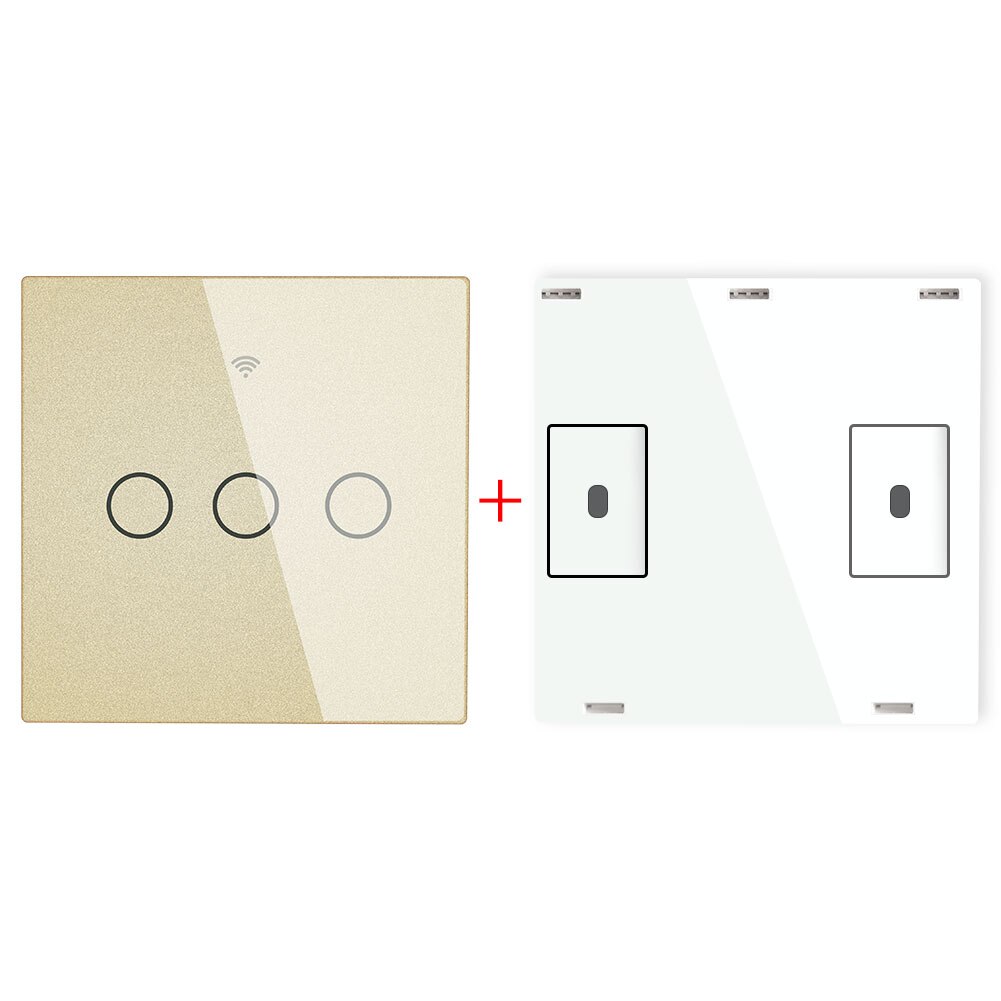 Interruptor inalámbrico de pared con Panel de vidrio, mando a distancia, funciona con WiFi, receptor de interruptor adhesivo, RF433 MHz: 3 Gang Gold
