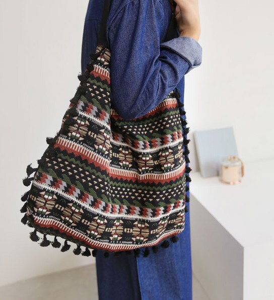 YILE Vintage Fabric Unique Tassel Shoulder Bag Shopping Tote Ethnic Style 705a