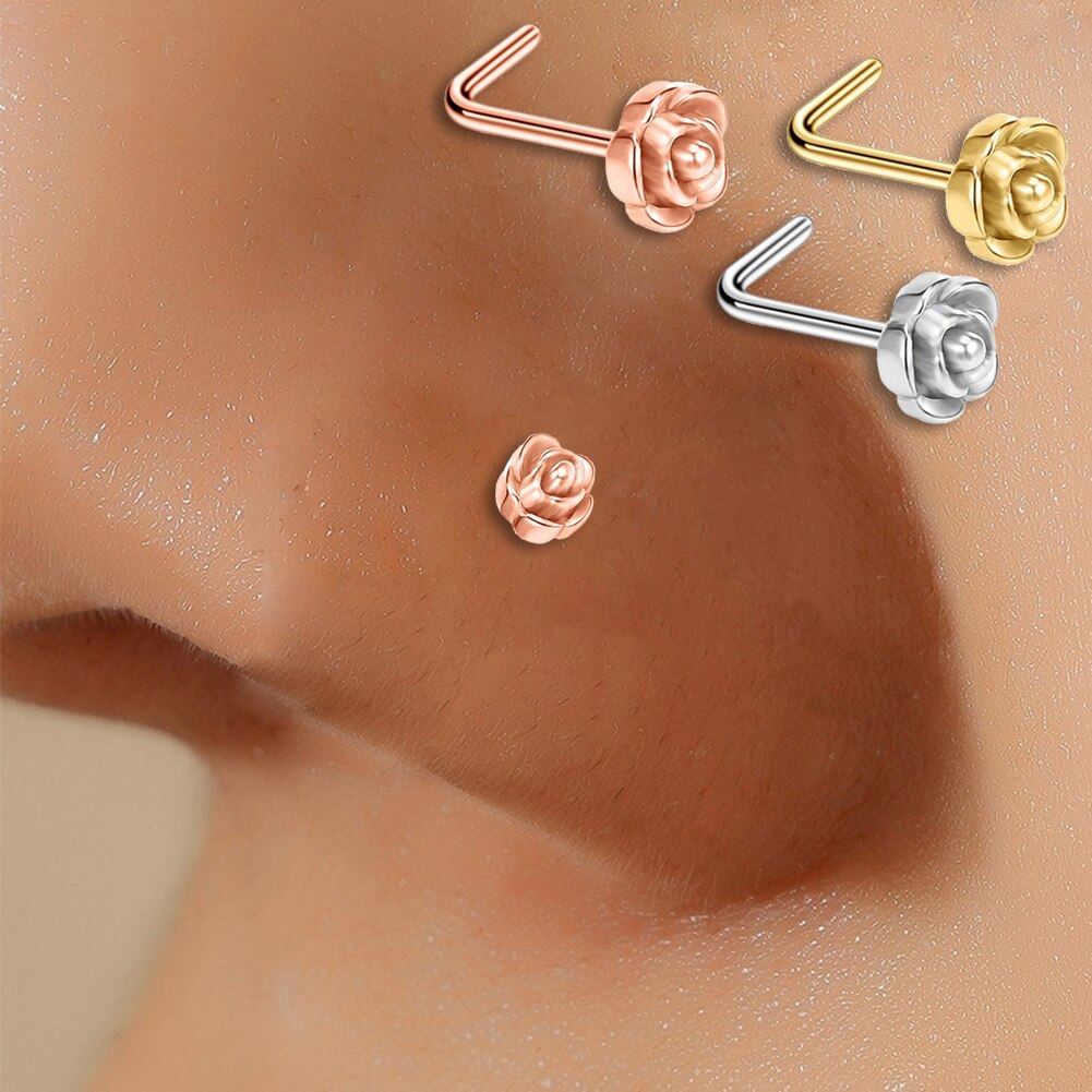 Roestvrij Staal Rose Bloem Neus Stud Set 20G L Vormige Neusringen En Studs Pack Rechte Neus Stud Lot piercing Nariz Bulk