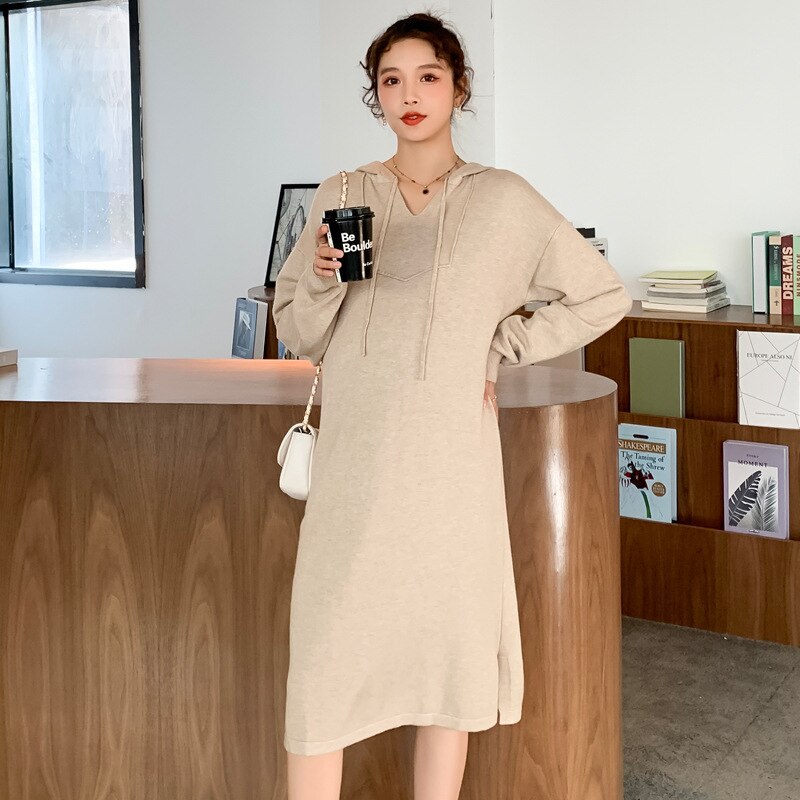 Herfst Winter Dikke Warme Gebreide Moederschap Lange Jurk Hoodies Losse Jurk Kleding Voor Zwangere Vrouwen Zwangerschap Casual Wear
