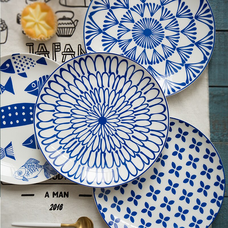 Blå og hvid keramisk salattallerken frugtbøf tallerken porcelænsservice rund western madbakke dessertretter