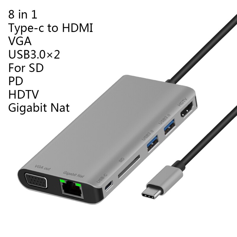 Type-c dockstation usb 3.0 x 2/ sdx 1 kort + hdmi / vga + jackstik 3.5+rj45+ type-c (pd) -port