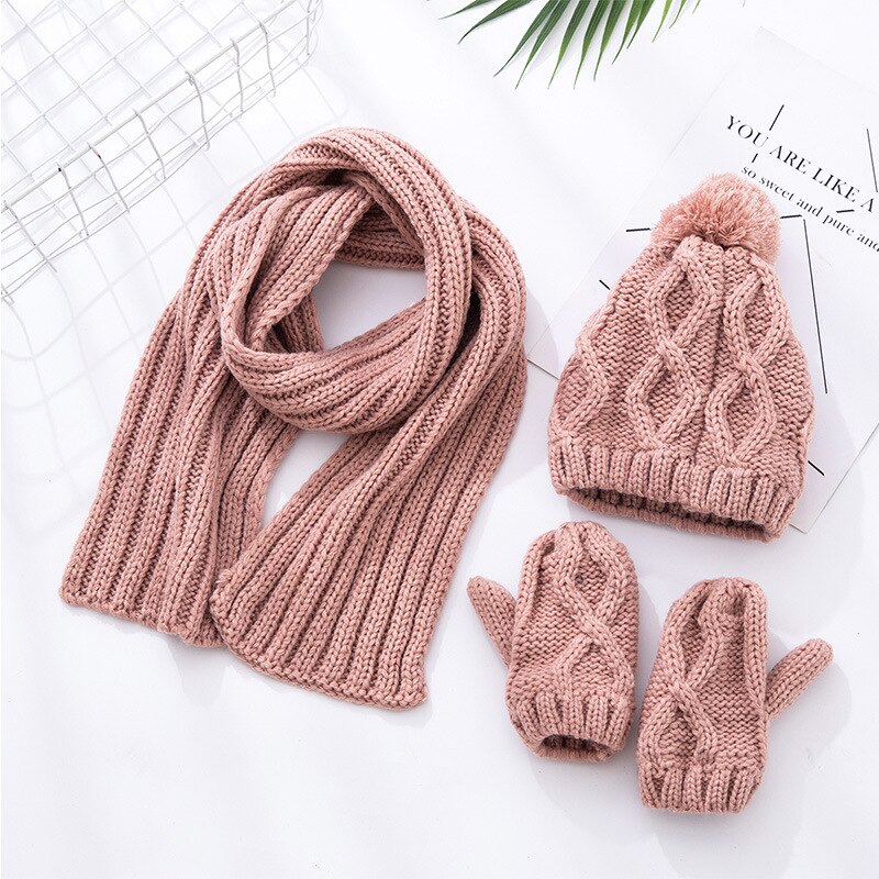 Kids Jongens Meisjes Winter Warm Breien Sjaal Hoed Handschoen Kinderen Baby Sjaals Effen Kleur Geel Rood Gebreide Caps: pink(set)