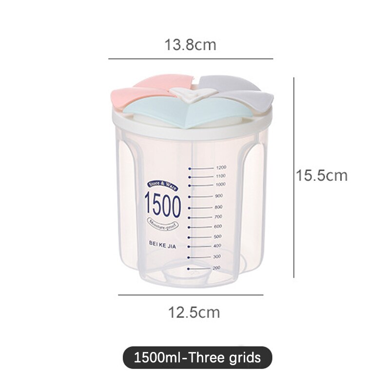 Grain Sealed Fresh-Keeping Storage Tank Compartment Food Container Transparent Plastic Moisture-Proof Storage Box Kitchen Tools: 1500ml-Three grids