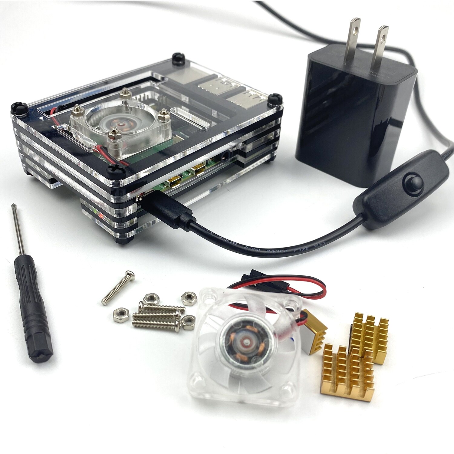 S ROBOT Raspberry Pi 4 case kit with heat sink & Cooling fan & type-c USB cable with On/Off Switch & Power Supply RPI107