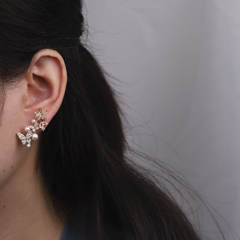 Korea Jewelry 14K Real Gold Plating AAA Zircon Butterfly Asymmetric Earring Pearl Women's Daily Accessories