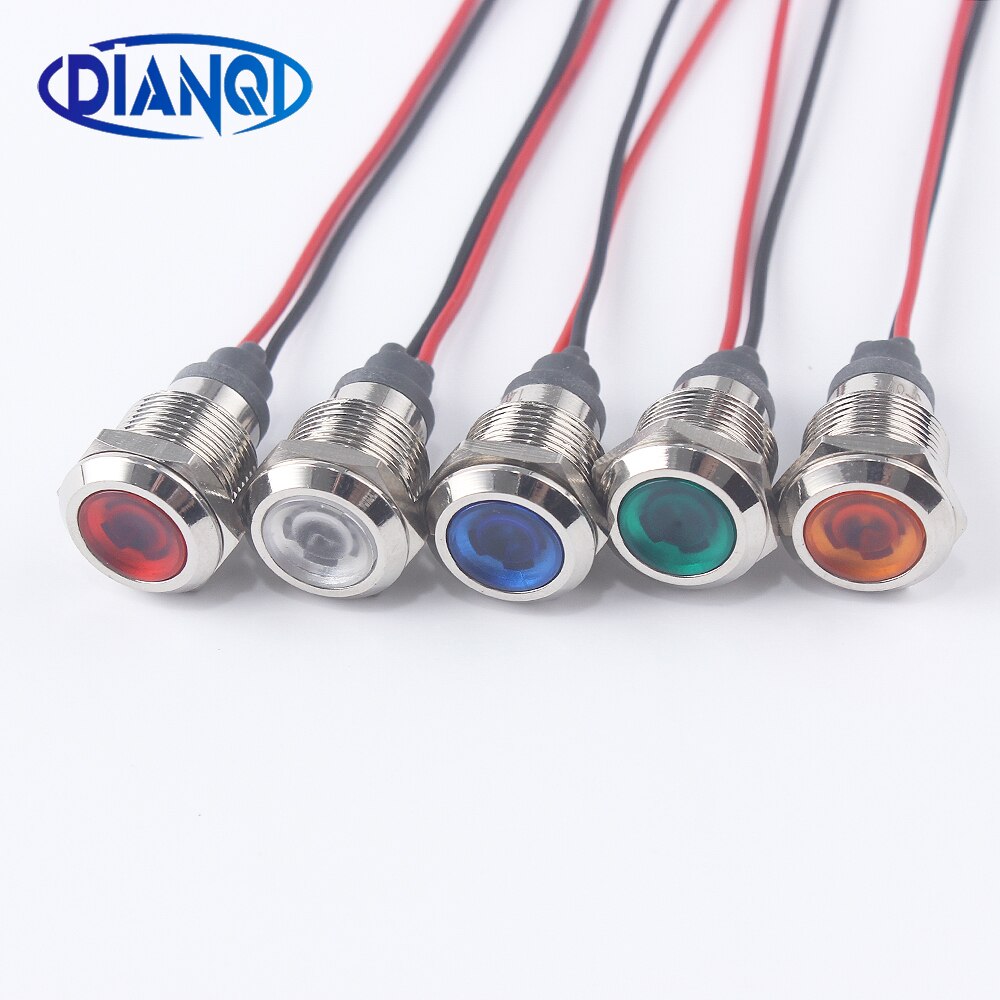 12mm LED Metal Indicator light waterproof Signal lamp with wire red yellow blue green white 3V 5V 6V 12V 24V 220V 110V