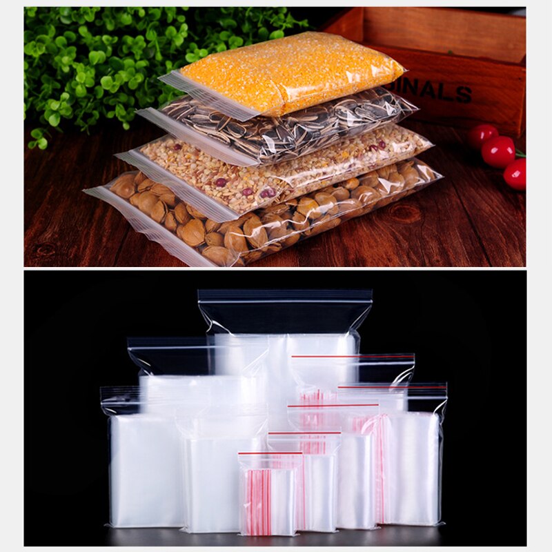 100Pcs Transparent Plastic Sealed Bag Food Storage Container Bags Zip Lock Reclosable PE Storage Ziplock Bags Organizer
