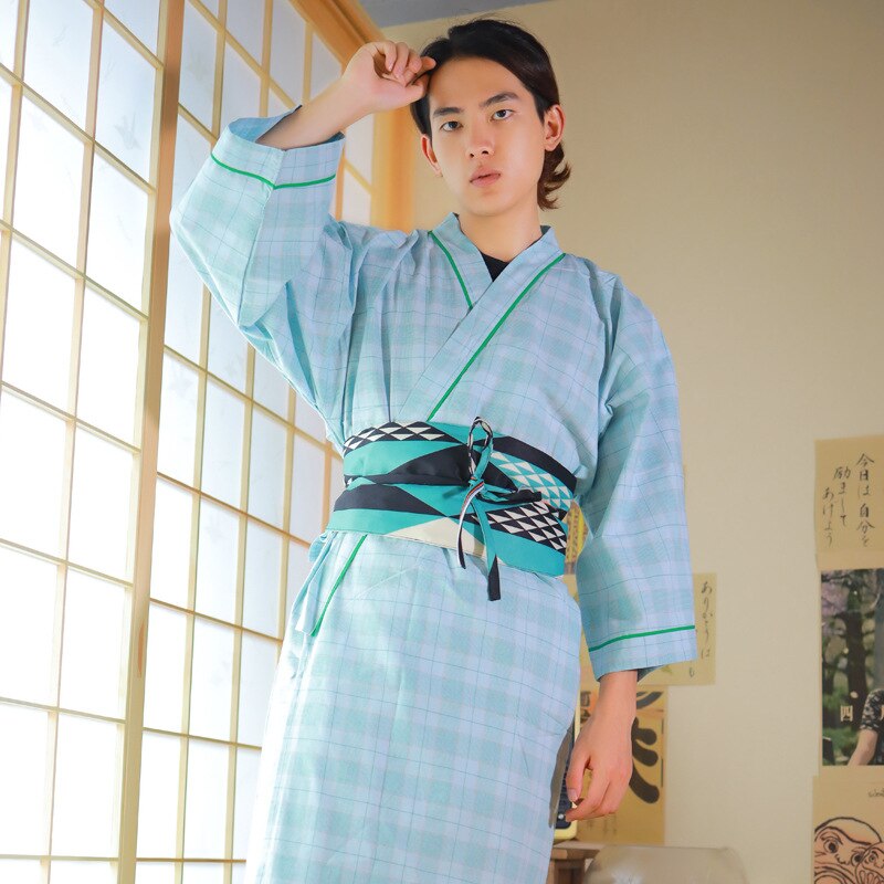 Kimono japonés tradicional con cinturón Obi para hombre, bata de algodón para baño Yukata, Kimono, ropa de dormir, cosplay, A60610: 2