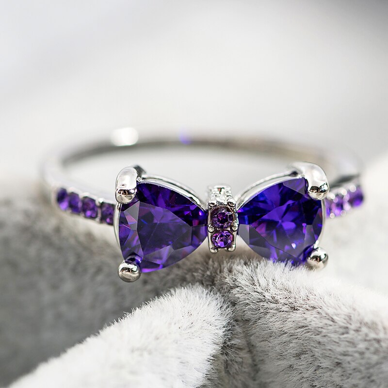 Anillos de boda de circonia púrpura para mujer, sortijas de lazo de cristal de lujo, joyería de compromiso, de para niña