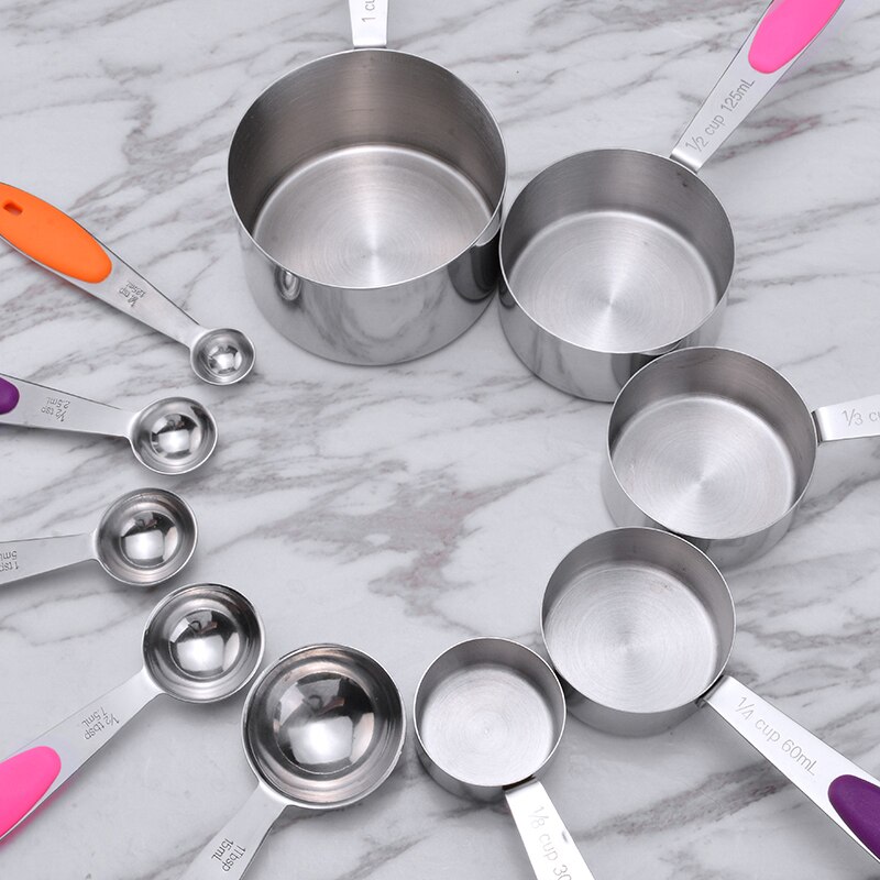 10 Uds multifunción tazas cucharas para medida cucharadita de silicona de la manija de acero inoxidable 1,25 ml-240ml utensilios medidores de cocina