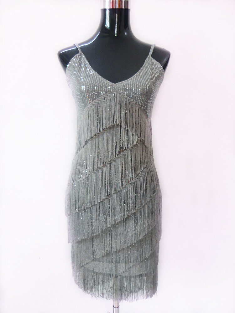 ballroom flapper dress fringe latin red sequin dance costumes dresses performance women bambina women black adult tango salsa: Gray