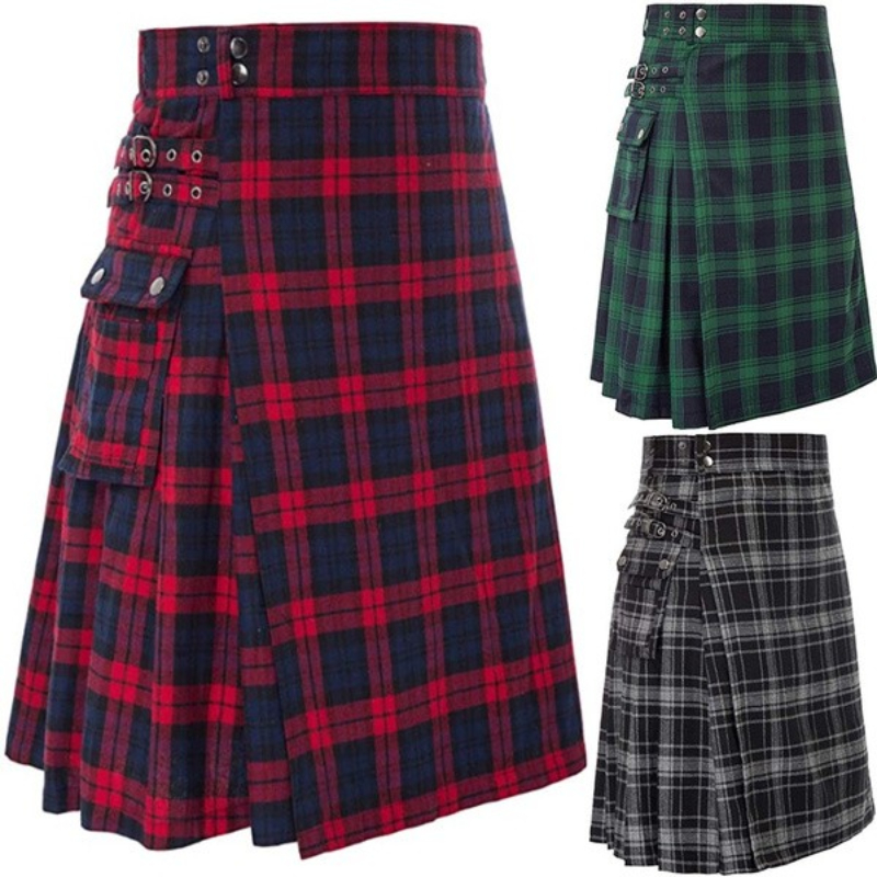 Men's Short Skirt Traditional Highland Tartan Practical Kilt Mens Skirt Vintage Kilt Scotland Gothic Punk Kendo Pocket