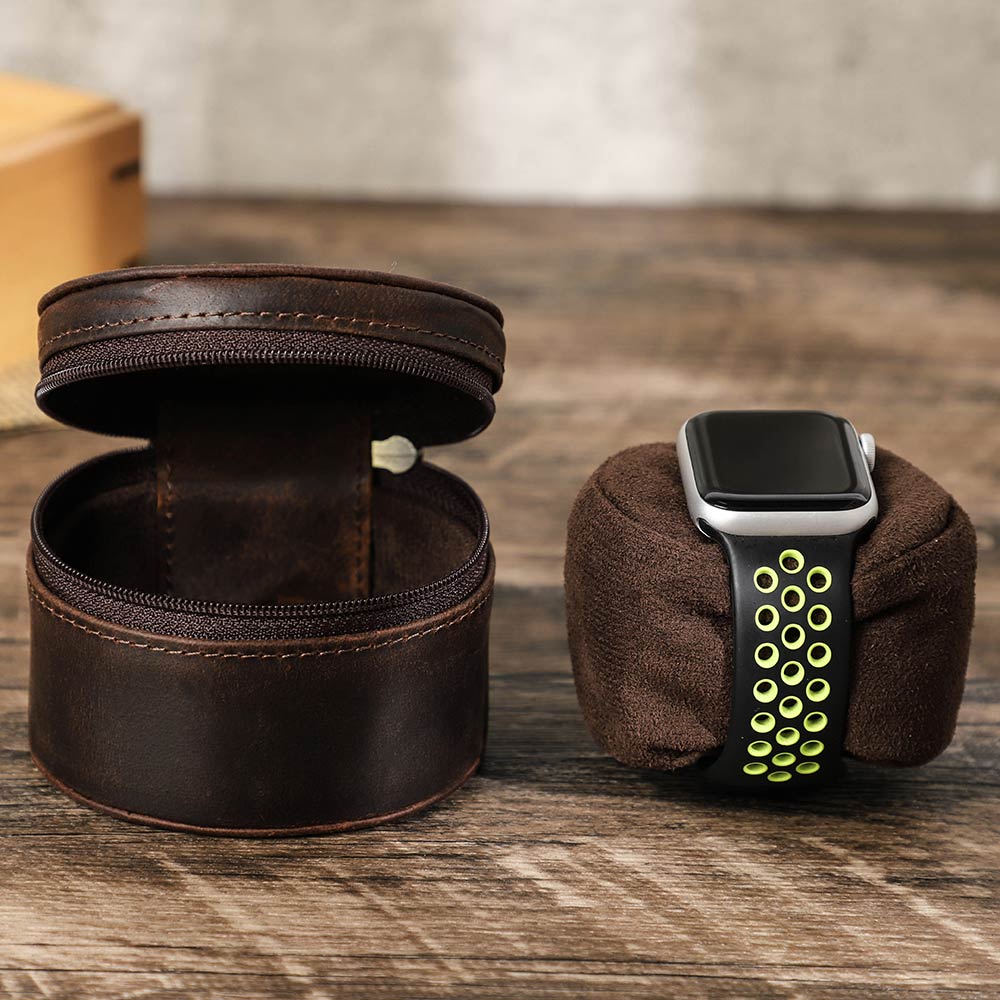 Leather Watch Travel Case Zipper Single Watch Case Storage Soft Cushioned Container for Wristwatch Organizer Box for Men