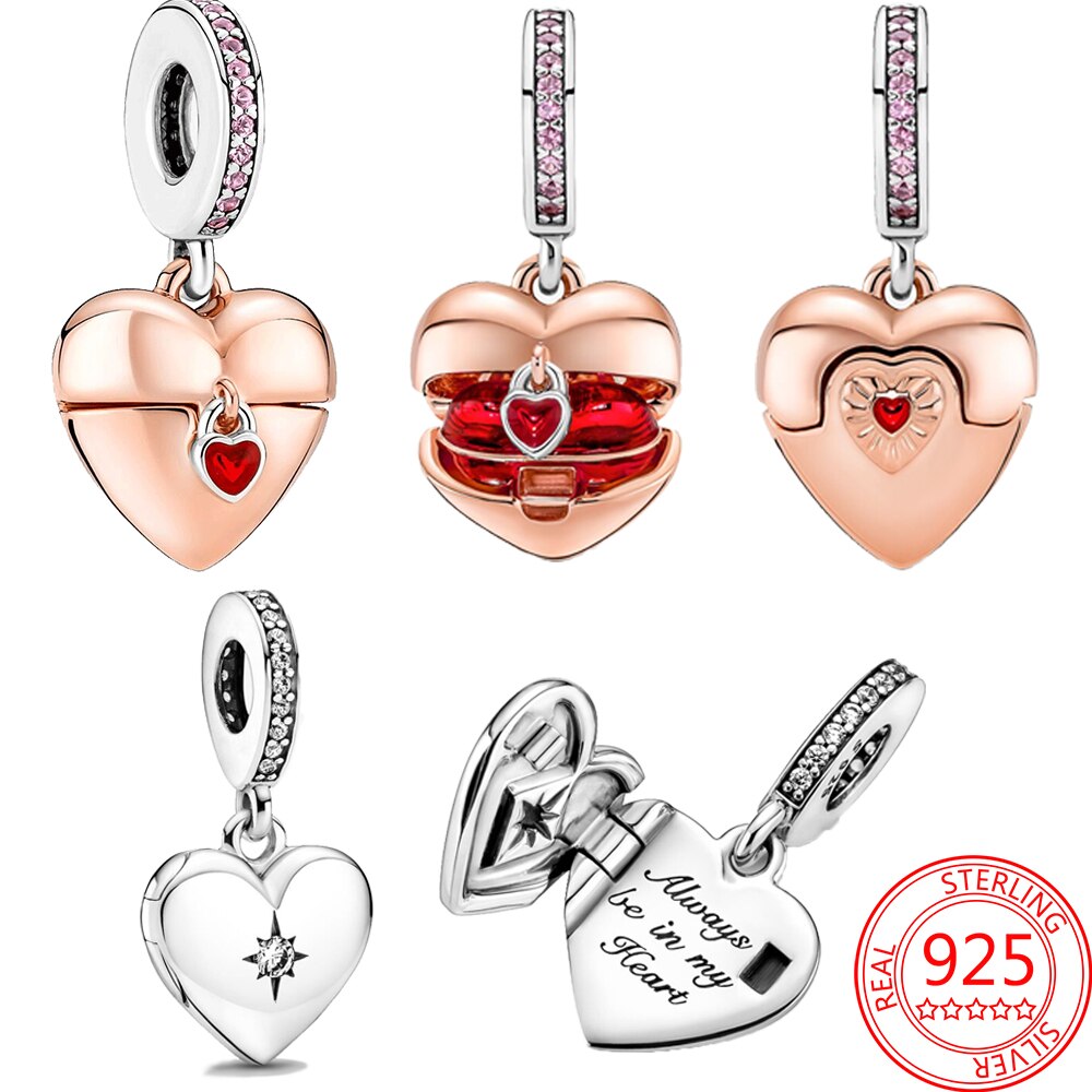Real 925 Sterling Silver Openable Heart Locket Dangle Charm Fit Brand Bracelet Women's Wedding Party Silver Jewelry