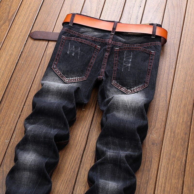 Mænd afslappet broderi rippet motorcykel slim fit bukser til mænd straight denim jeans mænd