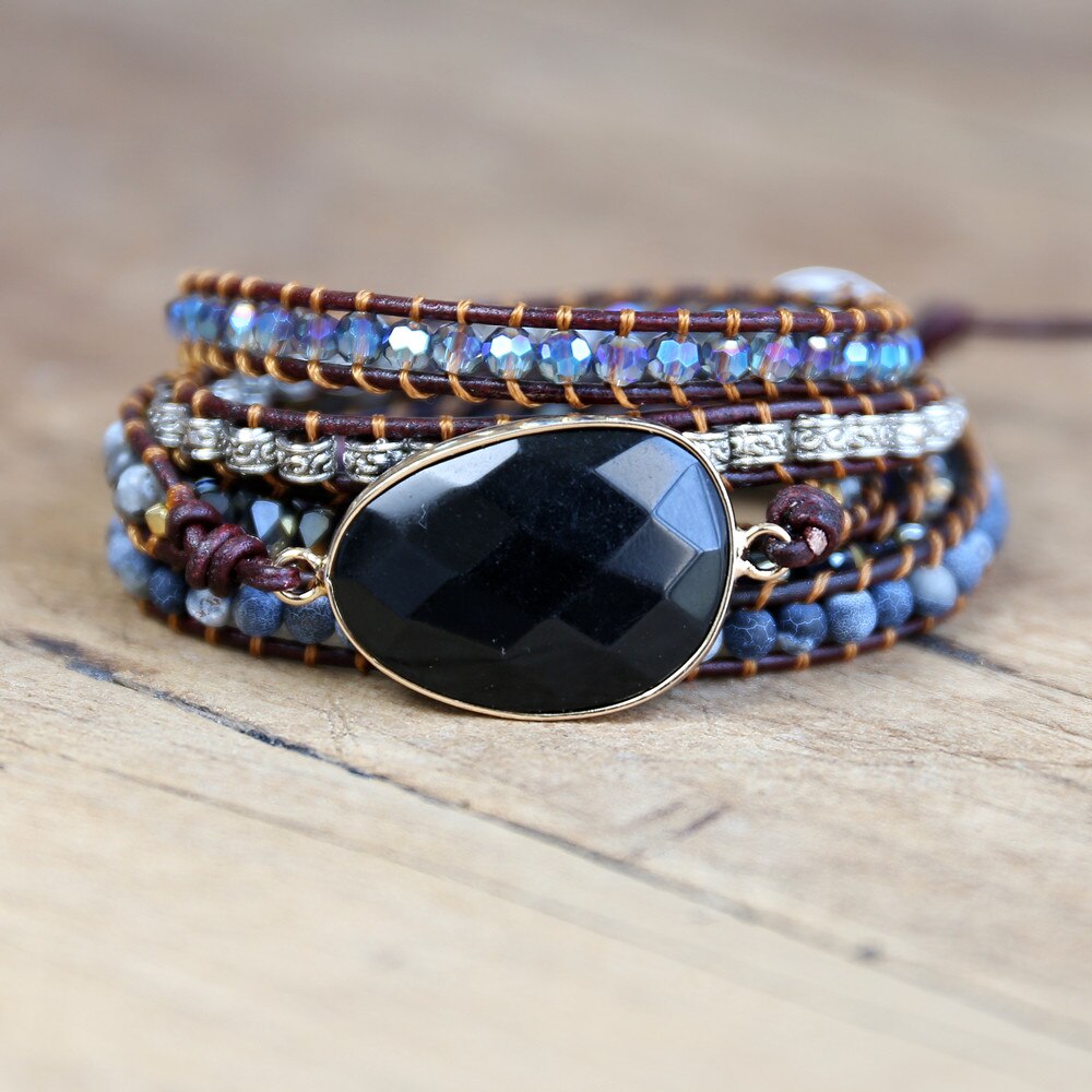 Handgemaakte Sieraden Leren Armband Zwarte Onyx Mix 5 Strengen Geweven Wrap Armband Vrouwen Kralen Bohemen Bedelarmband: Default Title