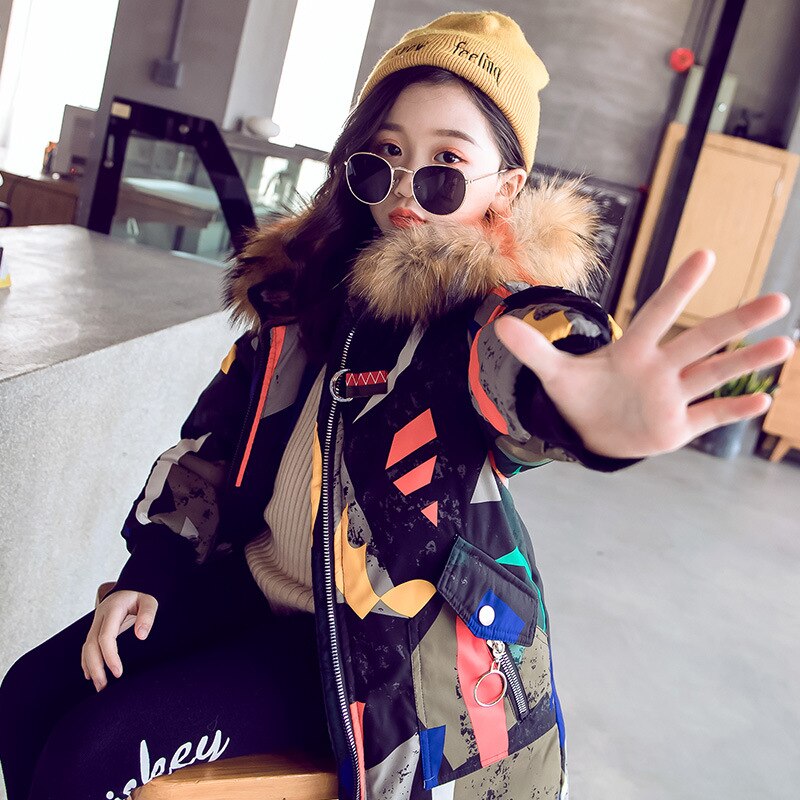 Children Winter Jacket Girl Winter Coat Kids Warm Thick Fur Collar Hooded Long Down Coats For Teenage 4Y-14Y