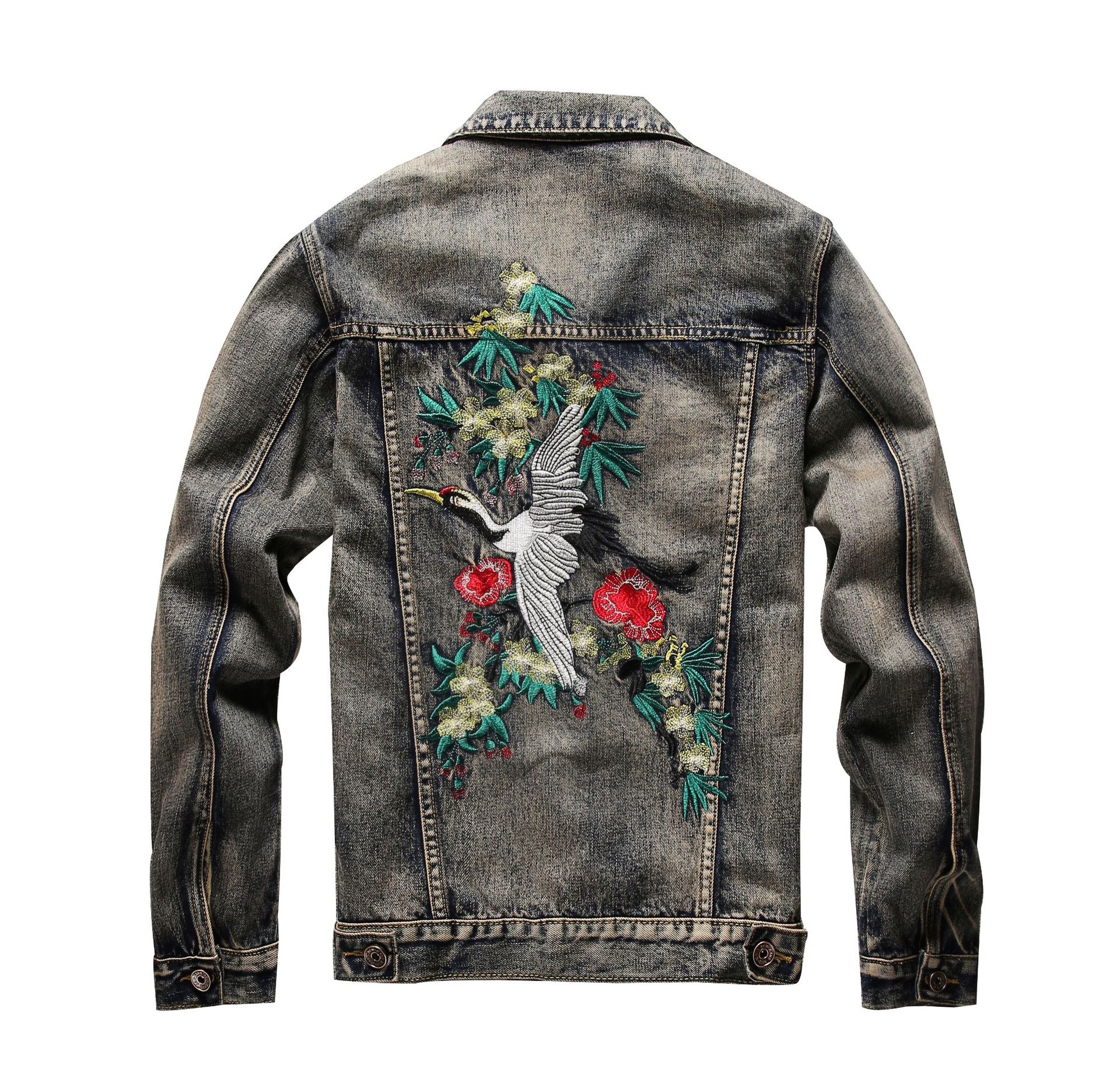 PYJTRL Men's Slim Fitting Denim Jacket Style Embroidery Denim Coat