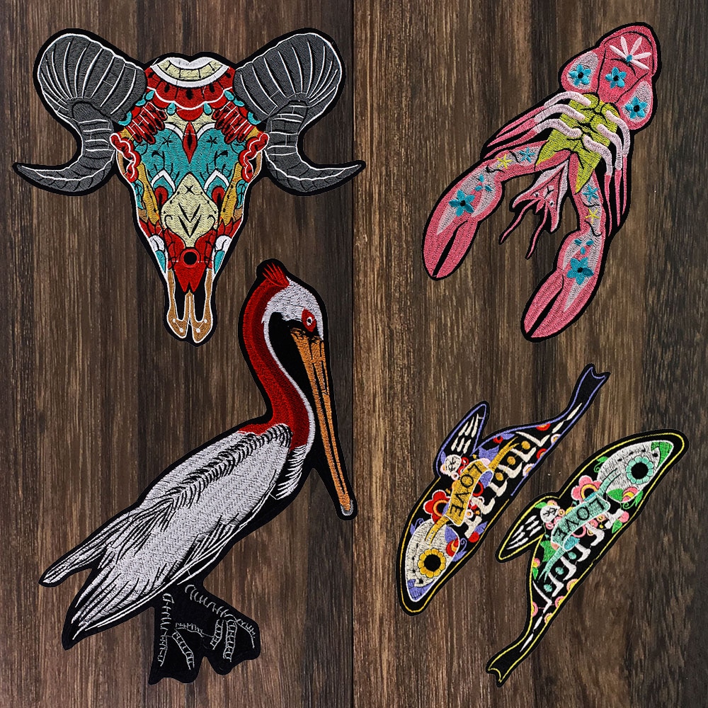 1 Juego de parches de animales de oveja de cabra Pelecanus, parche de pájaro de langosta bordado de flor de pez de amor, apliques, parches de planchado en camiseta, artesanía de ropa